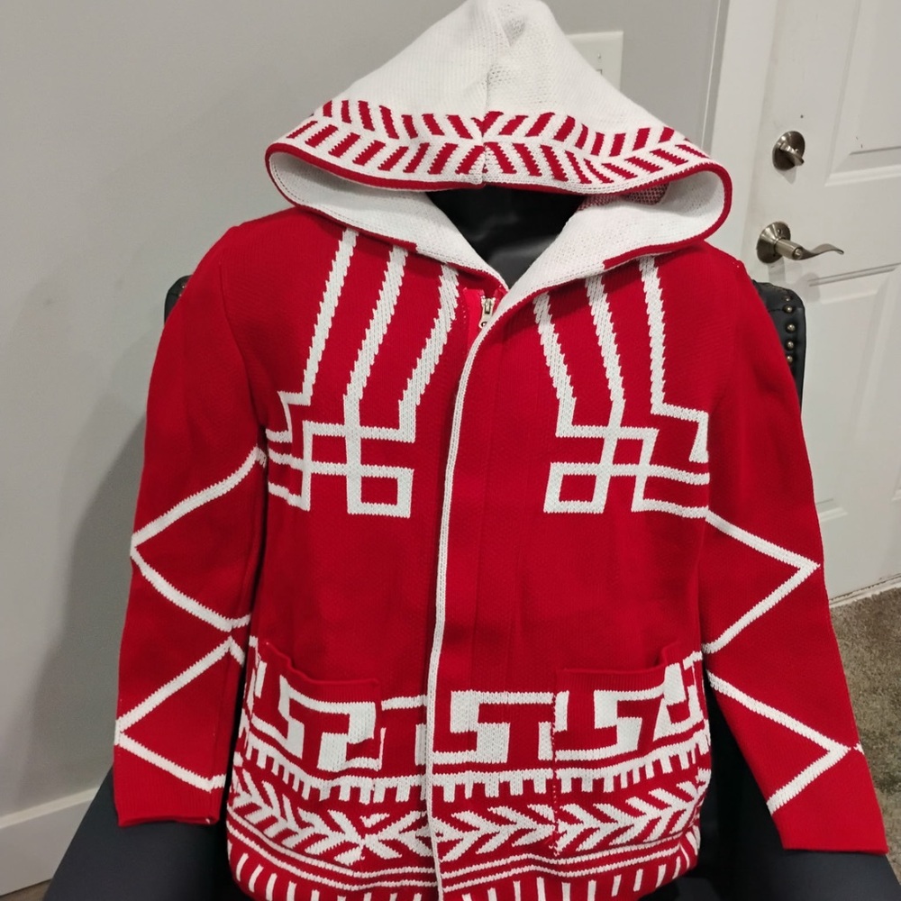 Stylish Red and White Zip-Up Sweater